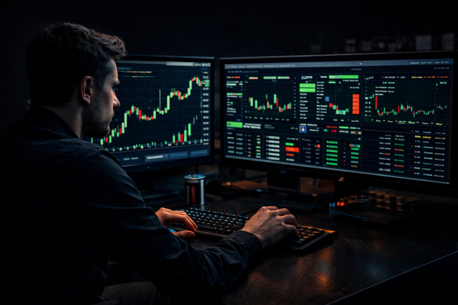 Trader watching candlestick charts across dual monitors in a darkened room